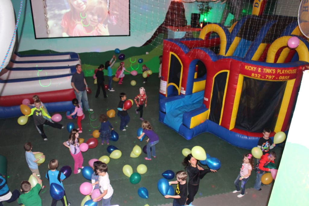 Giant inflatables in the jungle party room at Kicky & Tink's Playhouse